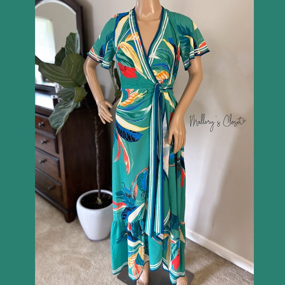 Flying Tomato Green Multicolor Ruffle Wrap Dress / Size: Small